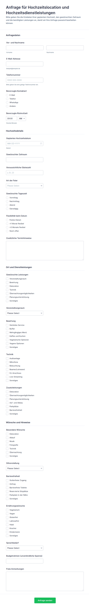 Anfrageformular Für Hochzeitslocation Und Leistungen