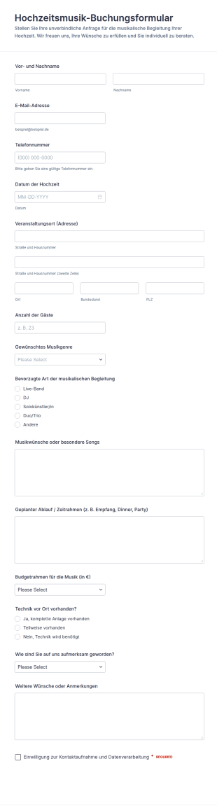 Anfrageformular Für Hochzeitsmusik