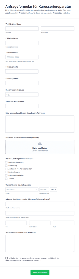 Anfrageformular Für Karosseriereparatur