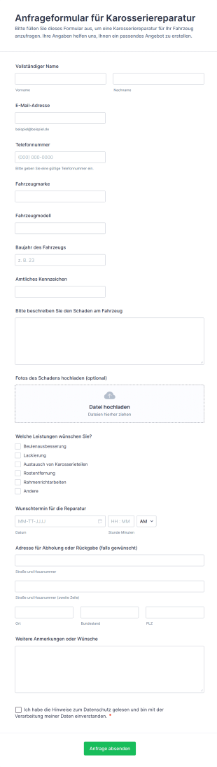 Anfrageformular Für Karosseriereparatur