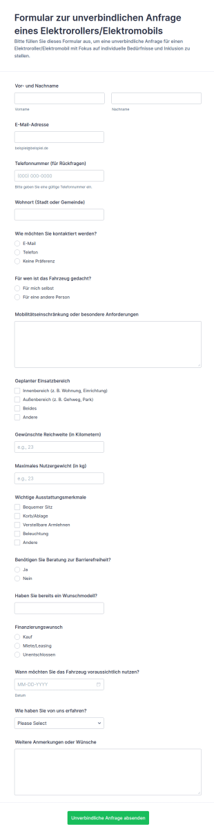 Anfrageformular Für Mobilitätsscooter