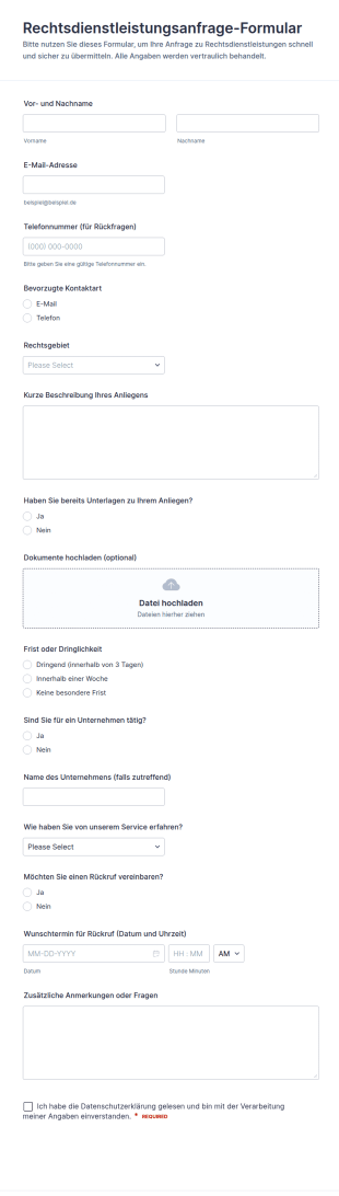 Anfrageformular Für Rechtsdienstleistungen