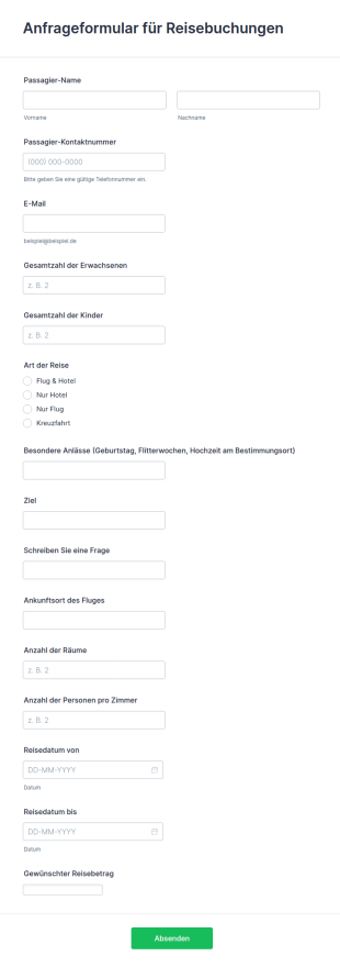 Anfrageformular Für Reisebuchungen