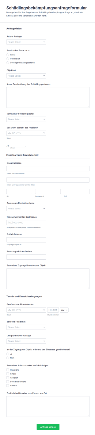 Anfrageformular Für Schädlingsbekämpfung