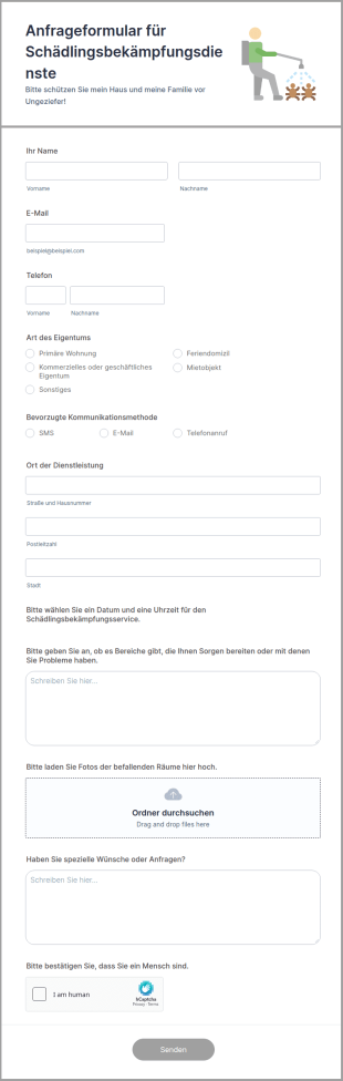 Anfrageformular Für Schädlingsbekämpfungsdienste