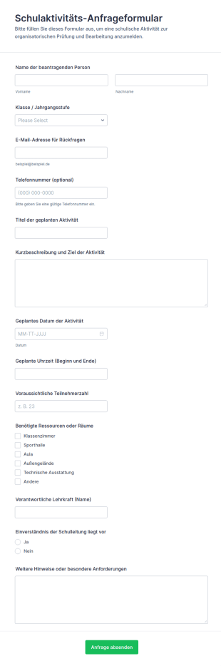 Anfrageformular Für Schulaktivitäten