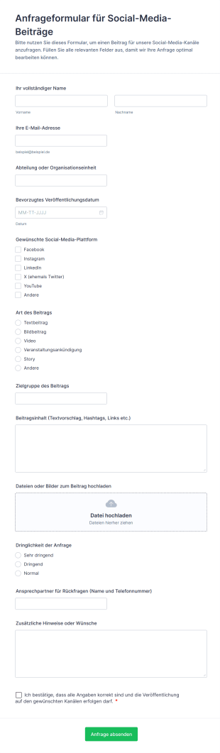 Anfrageformular Für Social Media Beiträge