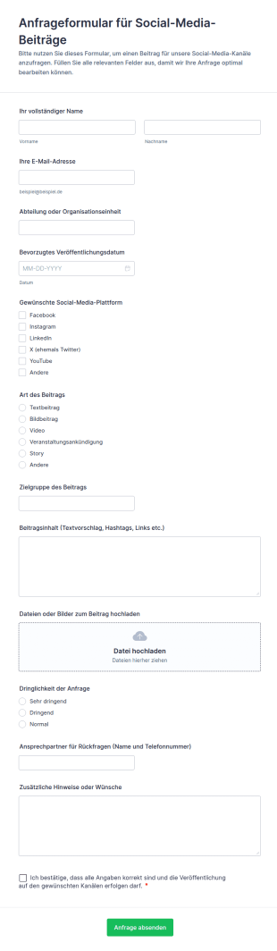 Anfrageformular Für Social Media Beiträge