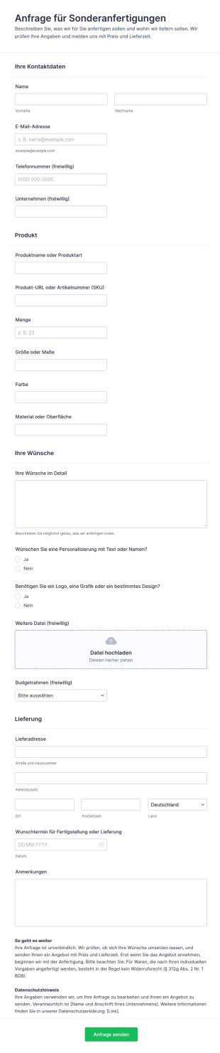 Anfrageformular Für Sonderanfertigungen In Shopify Shops
