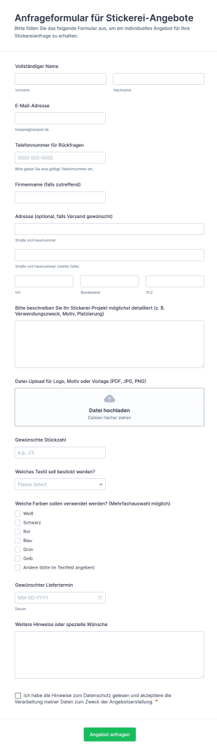Anfrageformular Für Stickerei Angebote