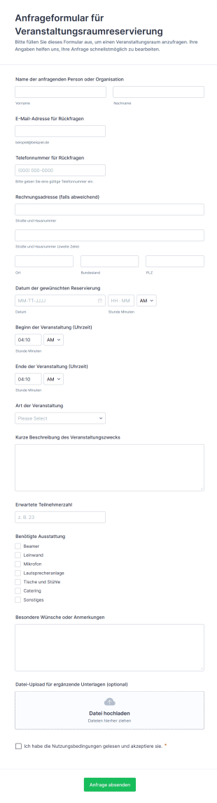 Anfrageformular Für Veranstaltungsraumreservierung