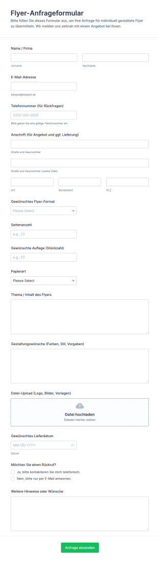 Anfrageformular Für Werbeflyer