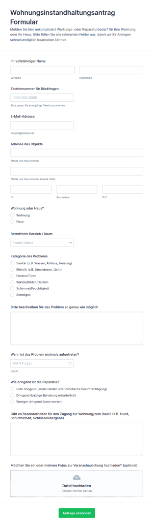 Anfrageformular Für Wohnungsinstandhaltung