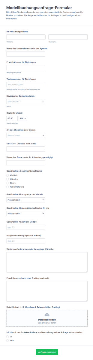 Anfrageformular Zur Modellbuchung