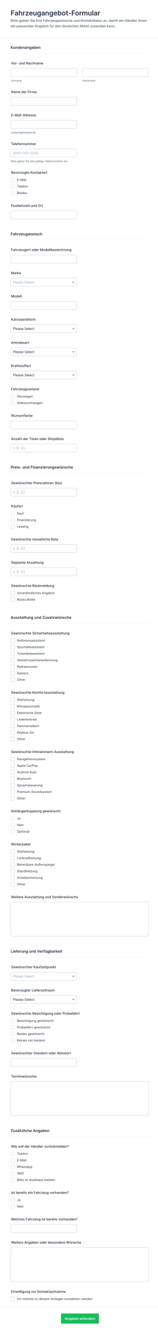 Angebotsanfrage Für Autohändler Formular 🚗