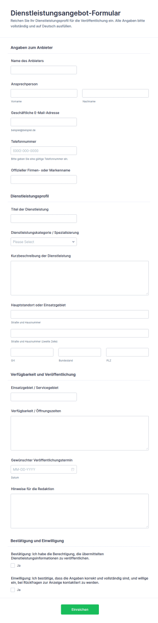Angebotsauflistungseinreichung Formular