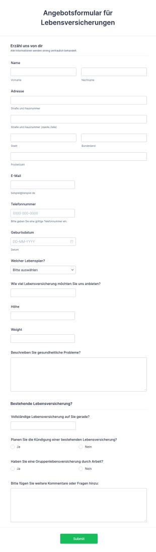 Angebotsformular Für Lebensversicherungen