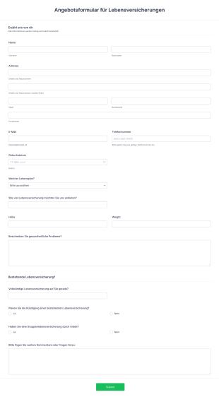 Angebotsformular Für Lebensversicherungen Form Template