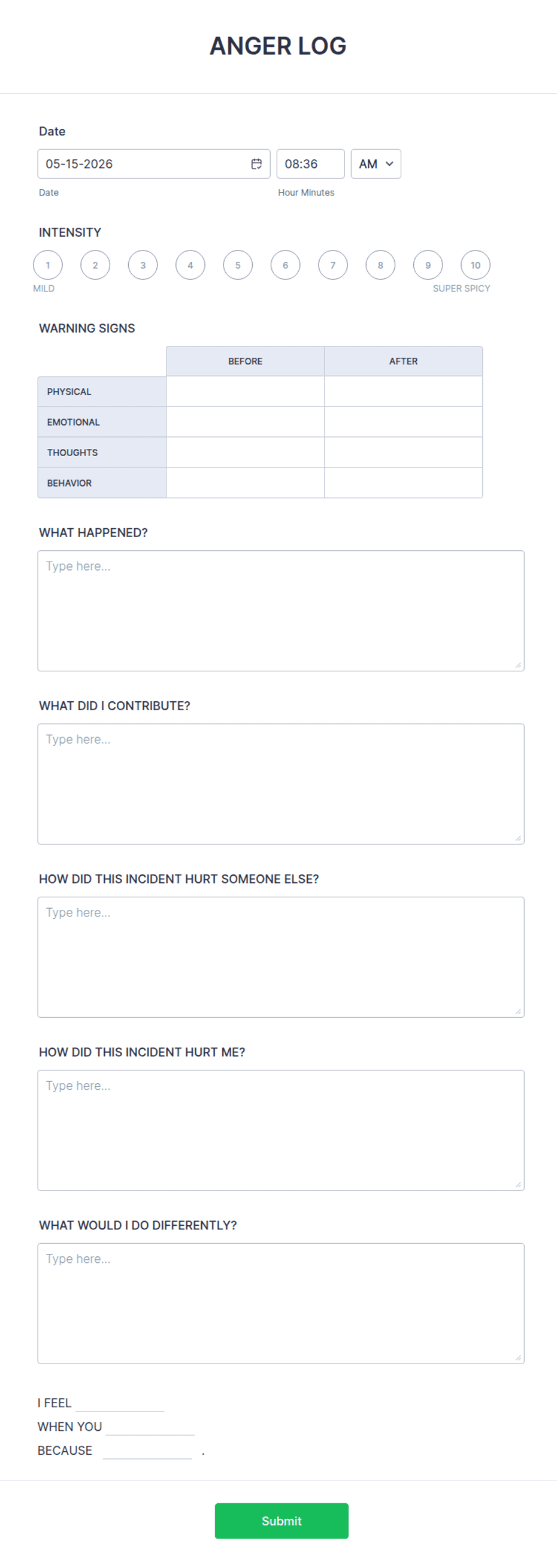 Anger Log Form Template | Jotform