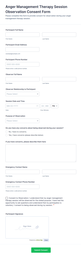Anger Management Therapy Session Observation Consent Form Template