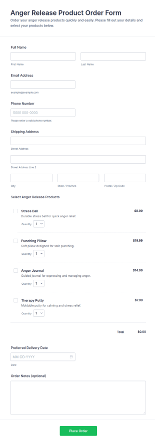 Anger Release Product Order Form Template