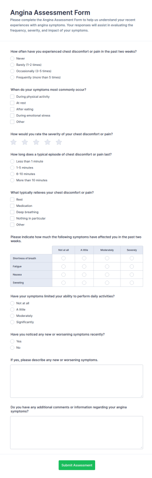 Angina Assessment Form Template