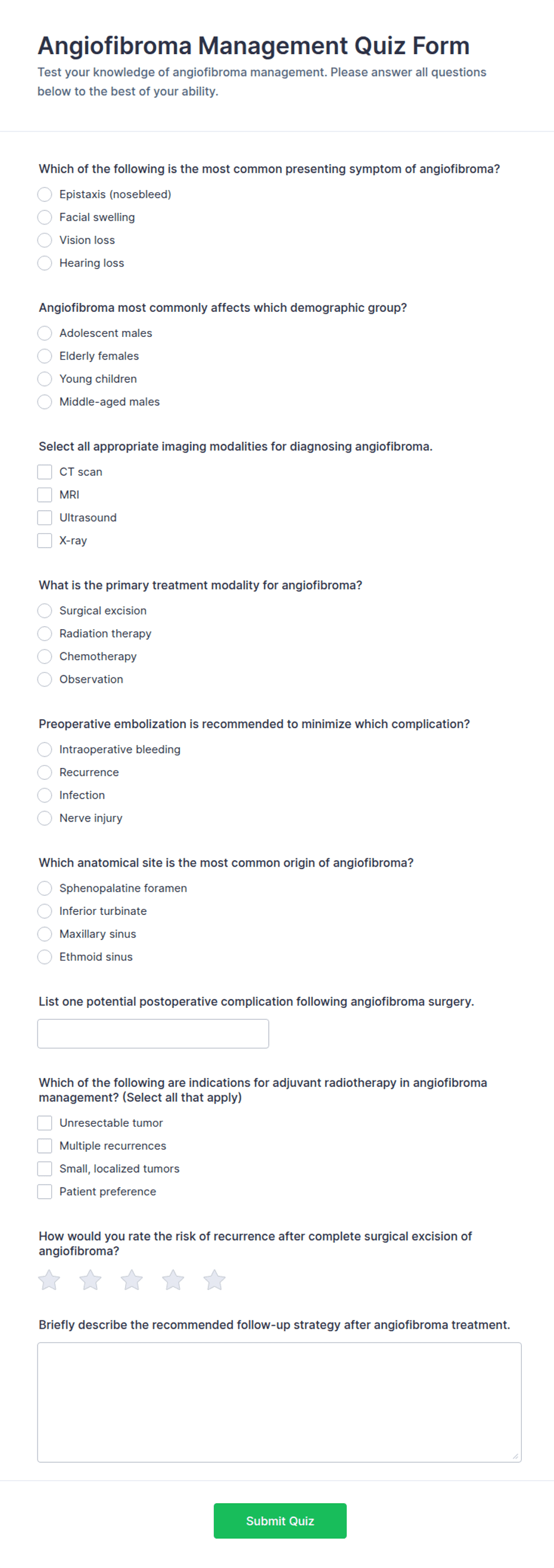 Angiofibroma Management Quiz Form Template | Jotform
