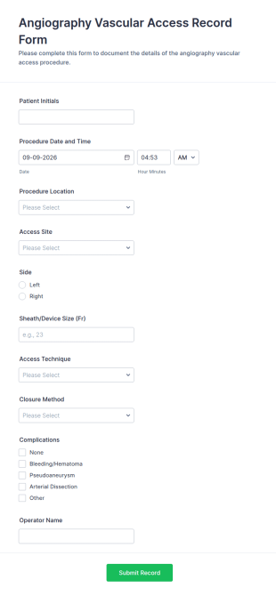 Angiography Vascular Access Record Form Template