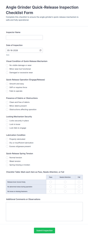 Angle Grinder Quick Release Inspection Checklist Form Template
