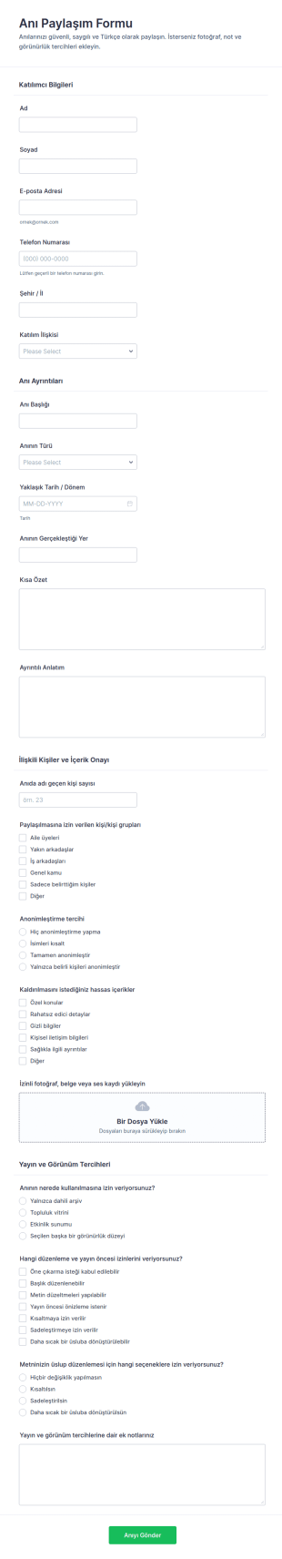 Anı Paylaşımı Anketi Form Şablonu