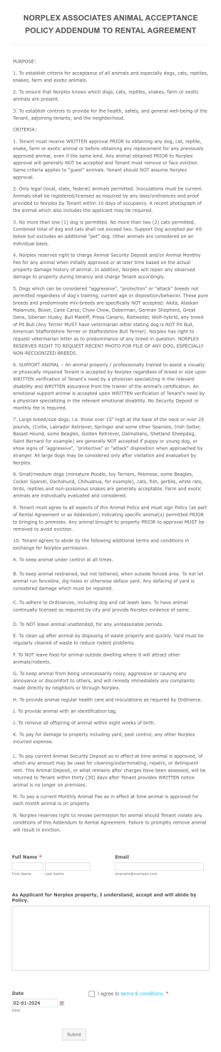 Animal Acceptance Policy Form Template