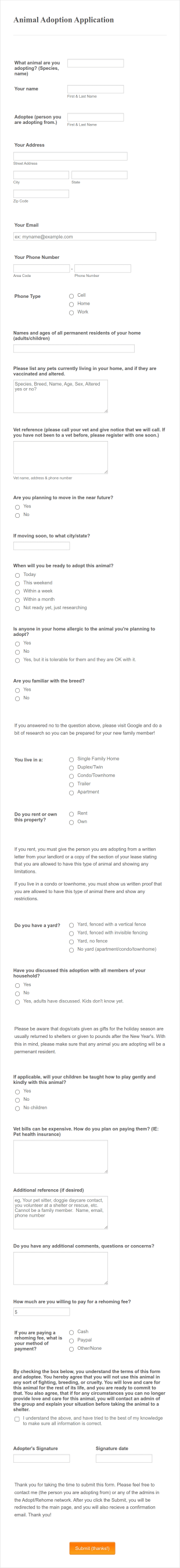 Animal Adoption Application ARP Form Template