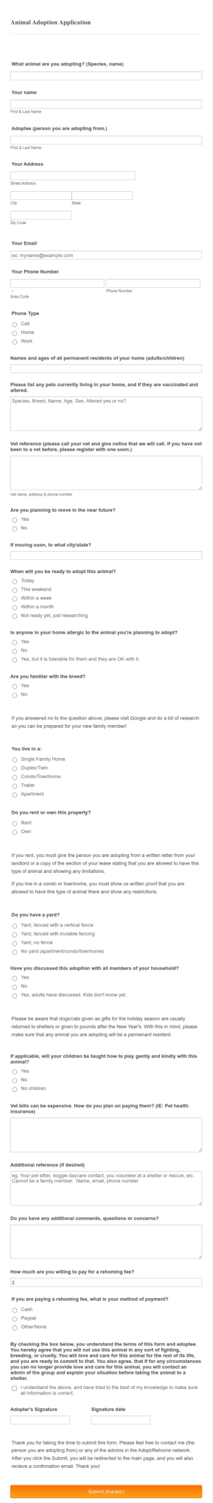 Animal Adoption Application ARP Form Template