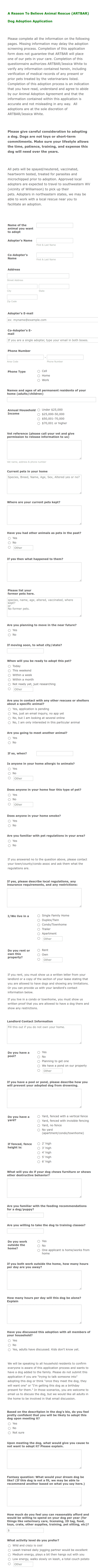 Animal Adoption Application Form Template