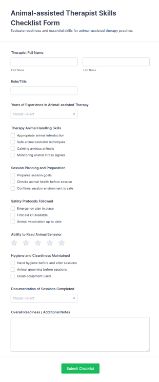 Animal Assisted Therapist Skills Checklist Form Template