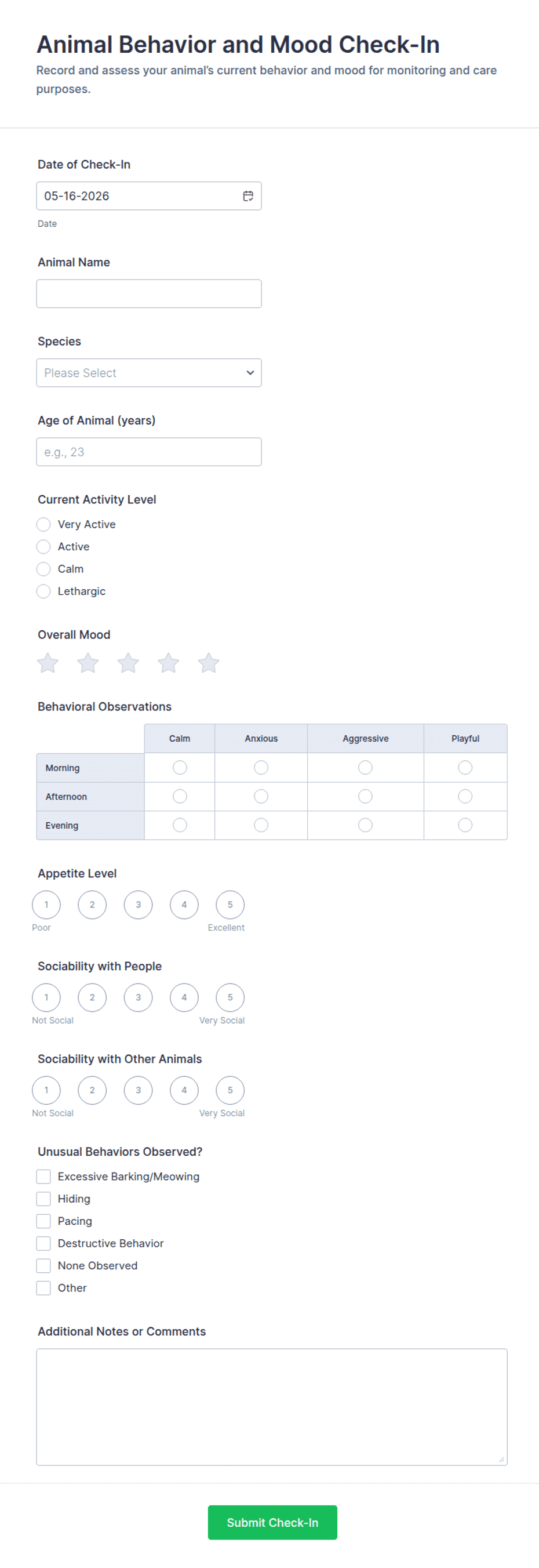 Animal Behavior and Mood Check-In Form Template | Jotform