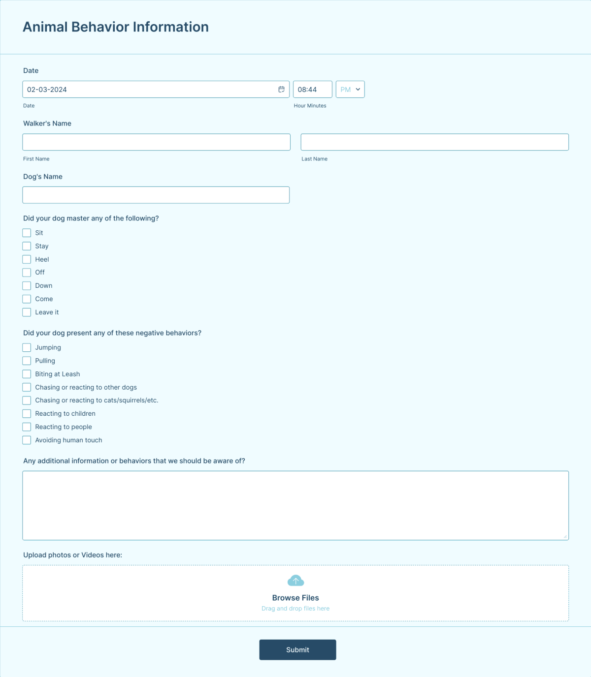 Animal Behavior Information Form Template | Jotform