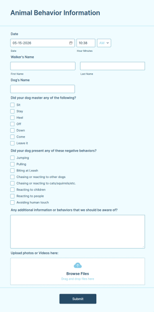 Animal Behavior Information Form Template