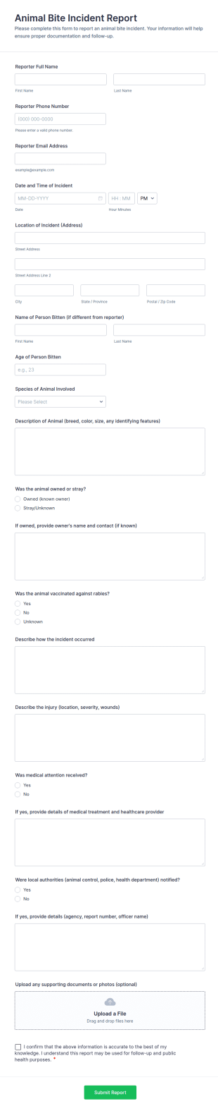 Animal Bite Incident Report Form Template