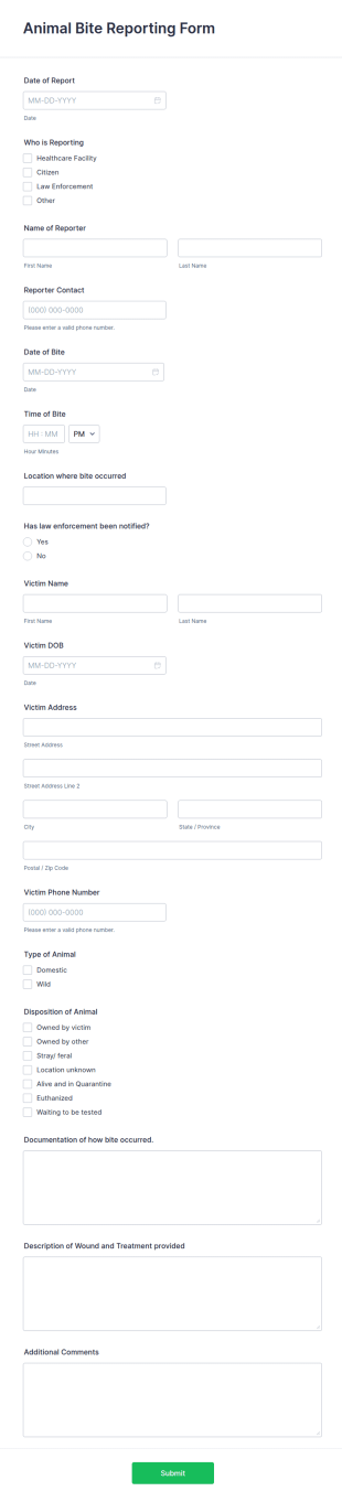 Animal Bite Report Form Template