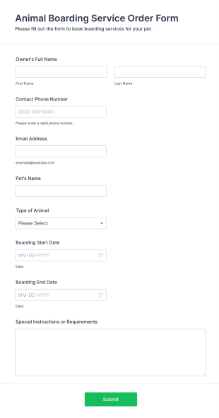 Animal Boarding Service Order Form Template
