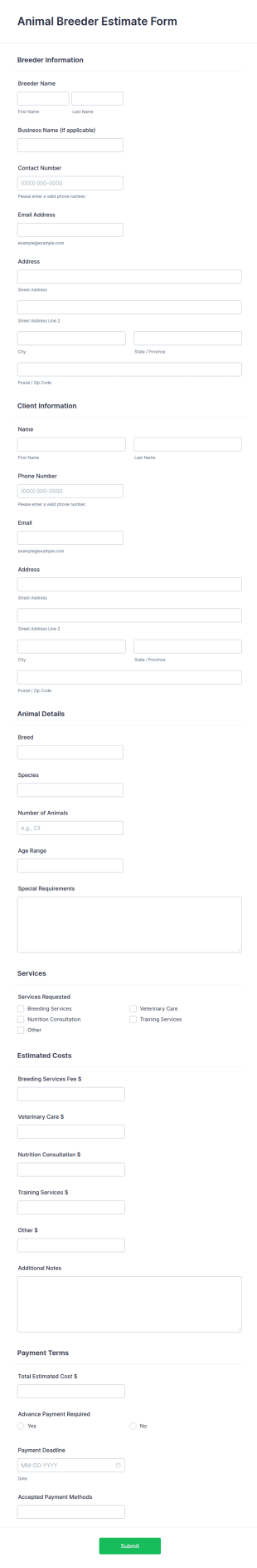 Animal Breeder Estimate Form Template