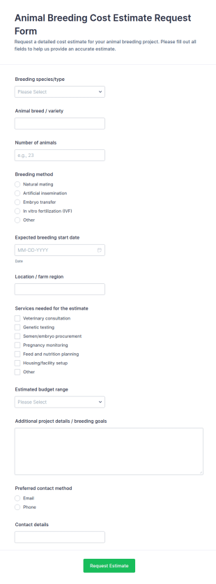 Animal Breeding Cost Estimate Request Form Template