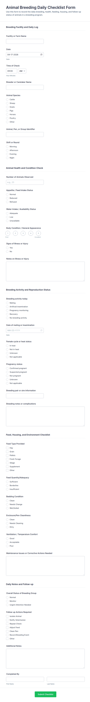 Animal Breeding Daily Checklist Form Template