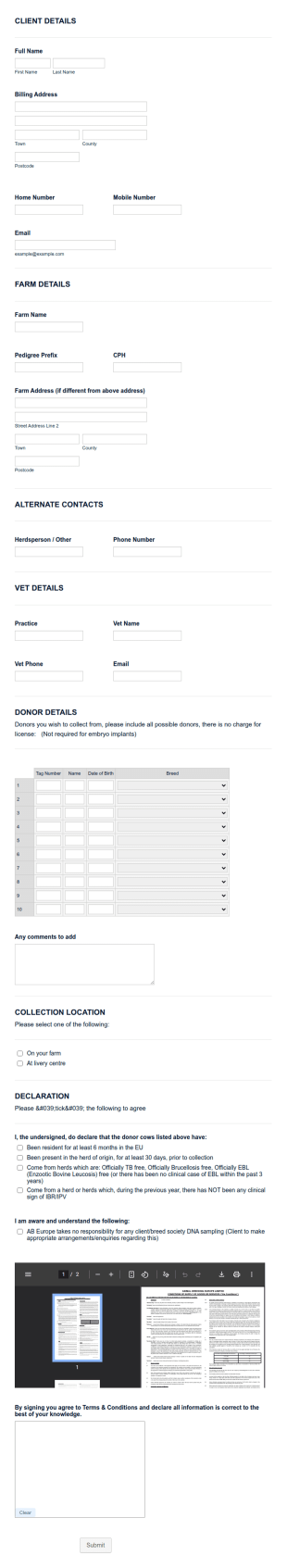 Animal Breeding Intake Form Template