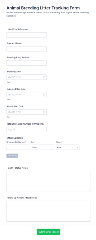 Animal Breeding Litter Tracking Form Template