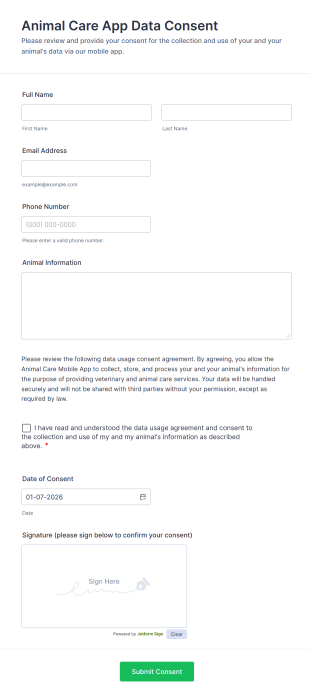 Animal Care App Data Consent Form Template