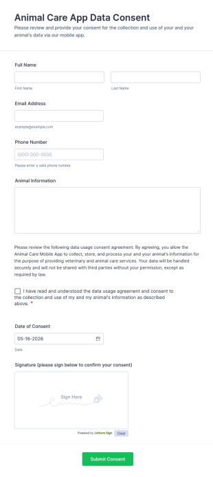 Animal Care App Data Consent Form Template