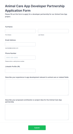 Animal Care App Developer Partnership Application Form Form Template