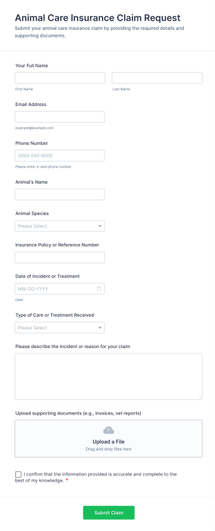 Animal Care Insurance Claim Request Form Template